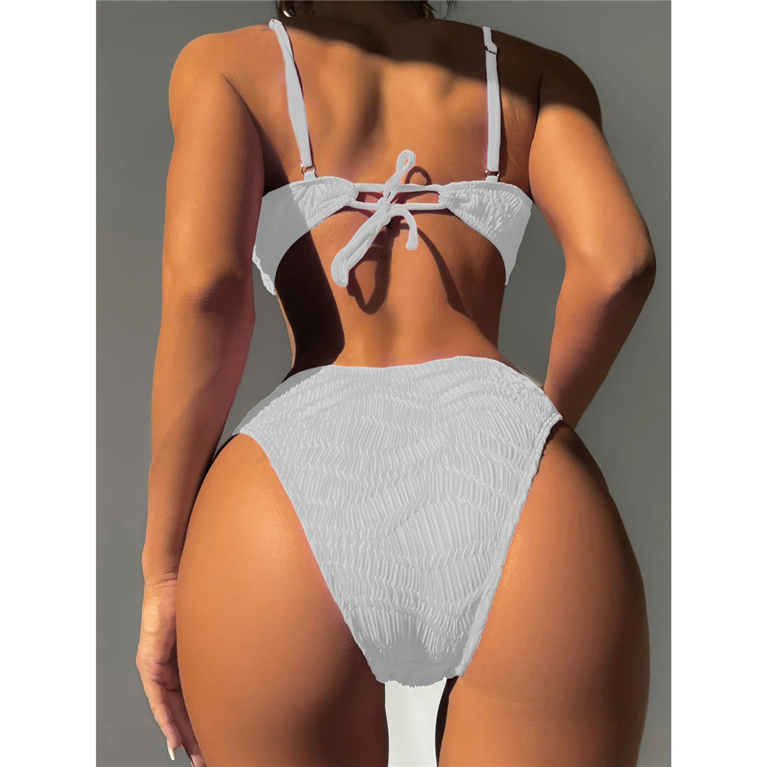 Bikini mit Faltenmuster-Metallring, mittelhoher Bund, Damen-Badeanzug, zweiteiliges Bikini-Set, gepolsterter Badeanzug, Badebekleidung, Modell V4567. – Detail 22