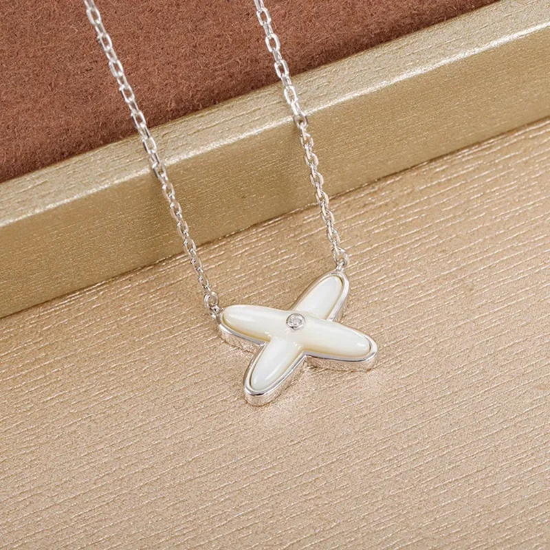 Collier en argent regardé 925 pour femme, bijoux fins, coquille blanche, croix d'agate rouge, style