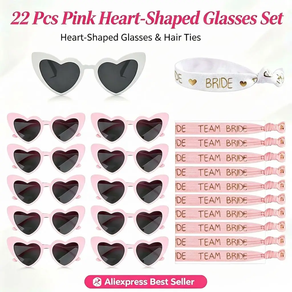 11/22Pcs Bachelorette Party Set, Heart Eyewear & Hair Ties, Bride Bridesmaid Wedding Gift Favors