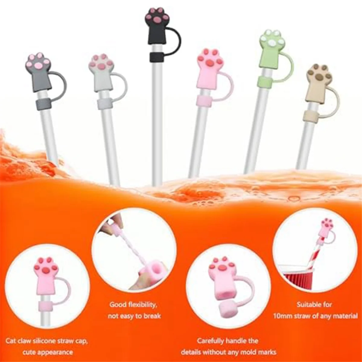 6PCS Cute Straw Cover Toppers for 10mm Straw,Silicone Straw Tips Lid Compatible with for Stanley,Cats Paws Straw Stopper