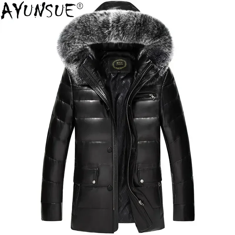 2025 New Winter Jackets Men Genuine Leather Down Jacket Men's Padded Fox Fur Collar Coats Hooded Thick Warm Trench Coat