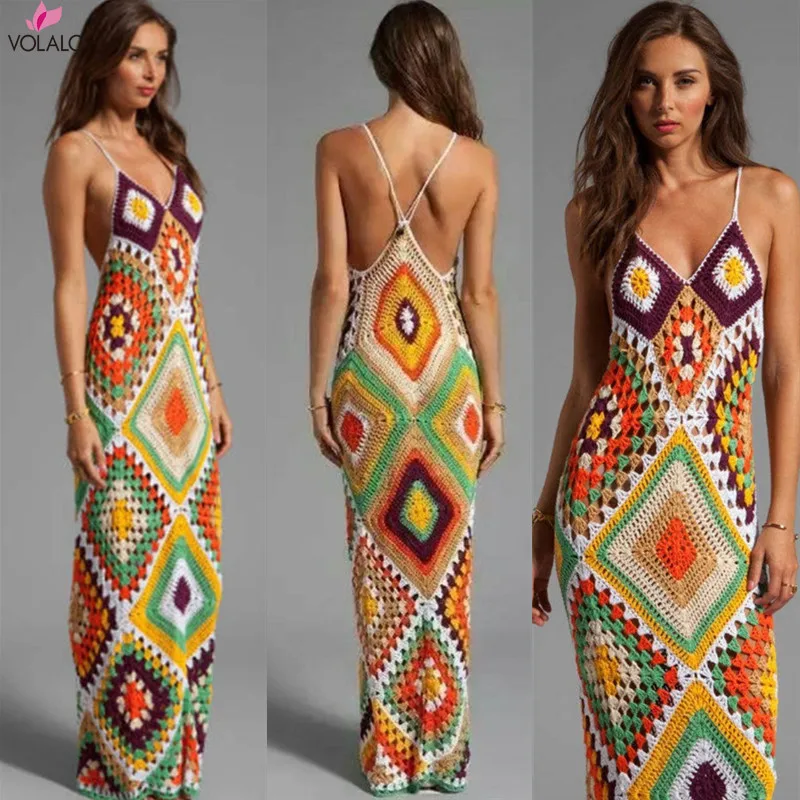 

2024 New Handmade Knitted Beach Party Maxi Dress Cover Up Sexy Women Colorful Backless Bikini Swimwear Bathing Suit Cover-up