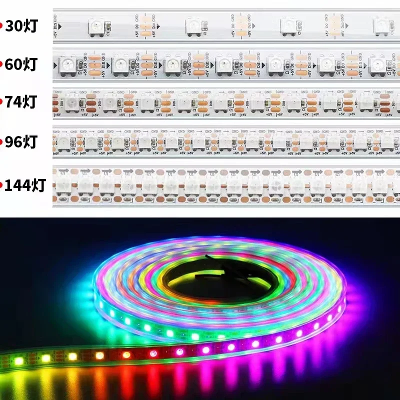 

5 м/лот DC5V WS2812 5050 RGB пиксельная лента с индивидуальной адресацией светодиодные фонари 30/60/74/96/144 пикселей/м IP30/65/67 для ТВ-зала
