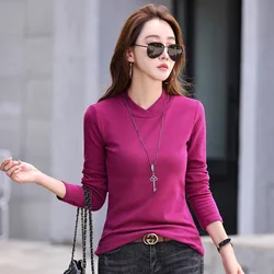 #0314 Long Sleeve T Shirt Women Split Joint Half High Collar Slim Korean Style Cotton Women's Tee Shirt Outerwear Tshirt Femme