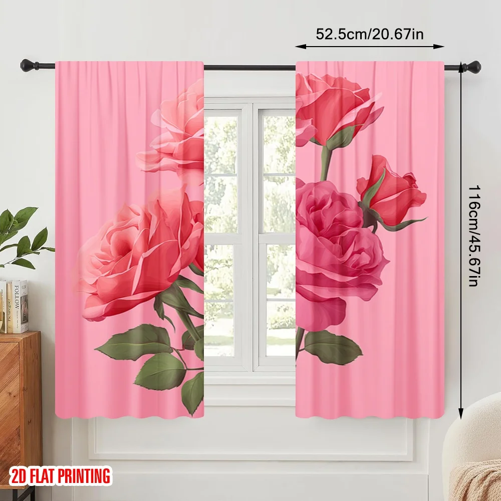 2pcs,2D plane printing Curtains&Window Treatment Pink Roses Bouquet Illustration Versatile Polyester Fabric (without rod) Room