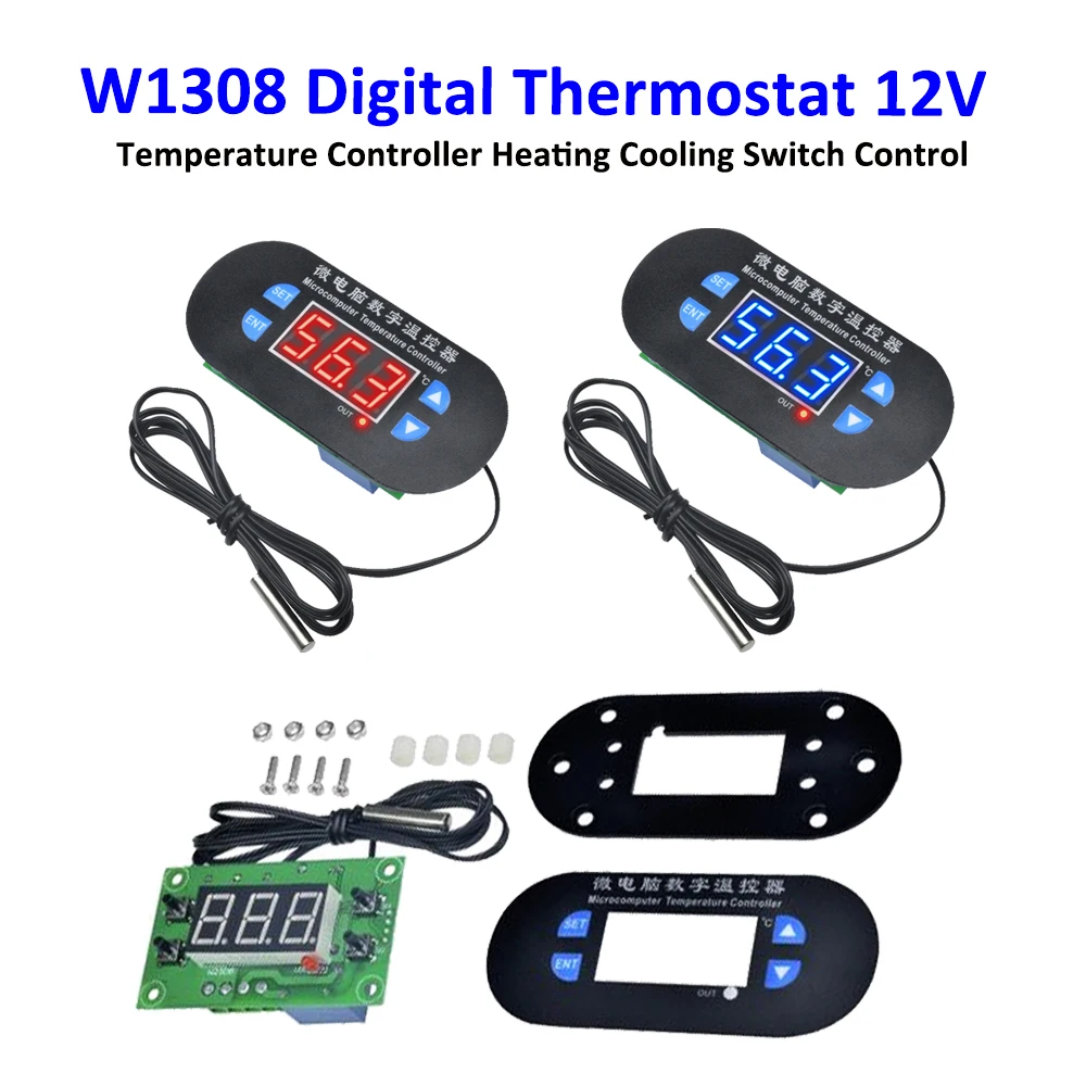 W1308 Digital Thermostat 12V AC 110V 220V 10A Red/Bule Display -50-120 ℃ Temperature Controller Heating Cooling Switch Control