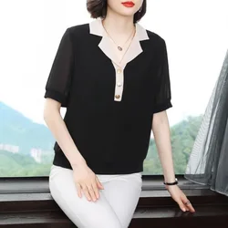 Women's Clothing Spring Summer Solid Color Button Short Sleeve Turn-down Collar Pullover Chiffon T-shirt Elegant All-match Tops