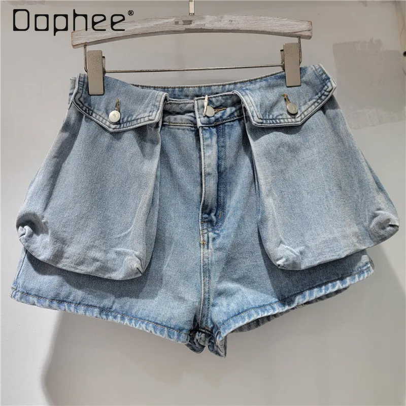 

Three-dimensional Big Pocket Fashion Denim Shorts Women 2025 Summer New Solid Color Versatile Loose Slim A-shaped Wide-leg Pants