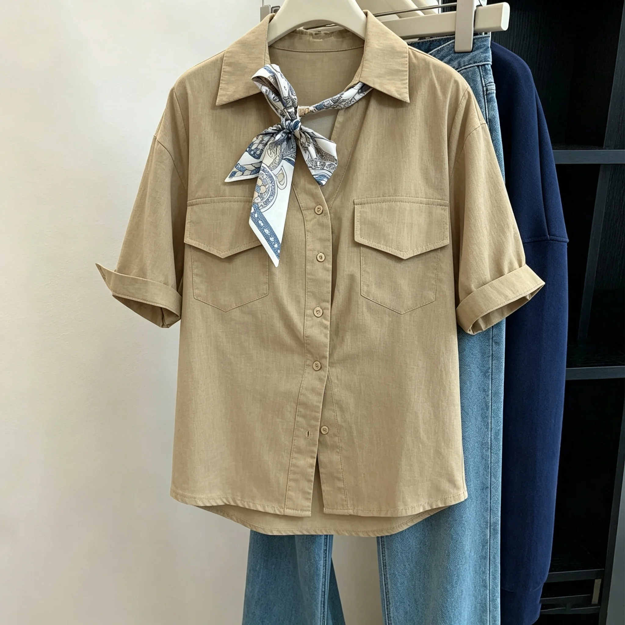 

Loose Fit Khaki Short Sleeve Shirt V-Neck Double Pocket Women's Men's Summer Casual Style Slimming Top Korean Light Maturity ...