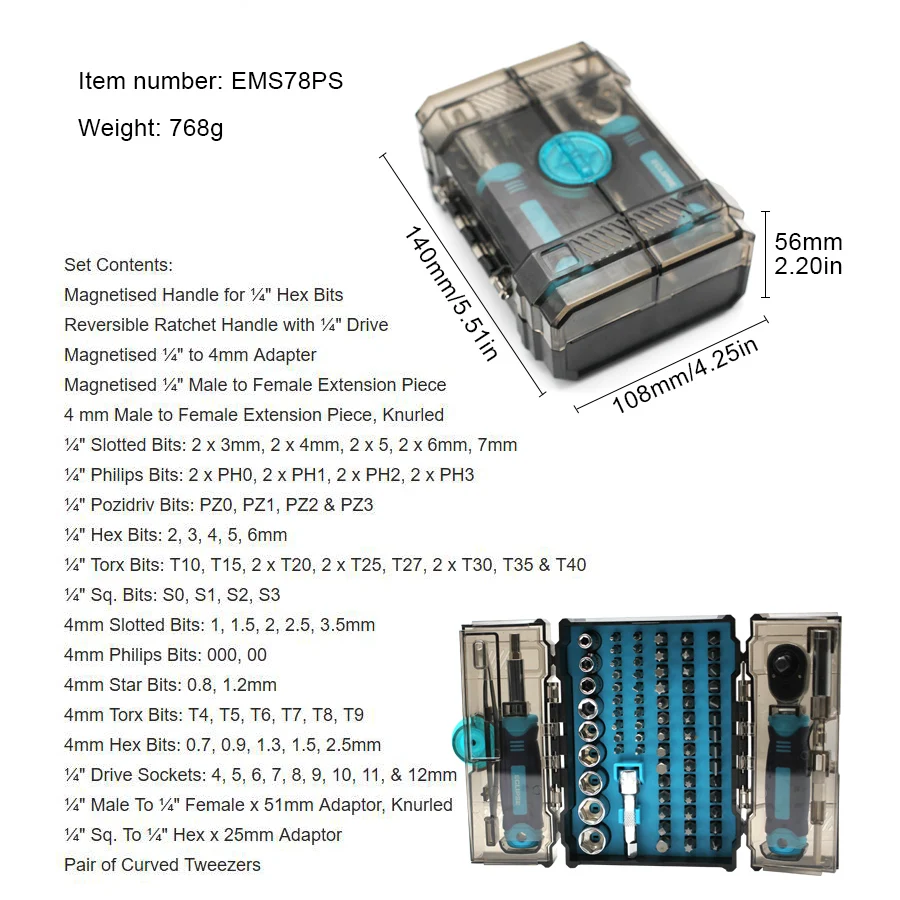 ECLIPSE 78 in 1 Mini Socket and Bit Set Car Repair Ratchet Spanner Wrench Precision Screwdrivers Professional Tool Kit EMS78PS