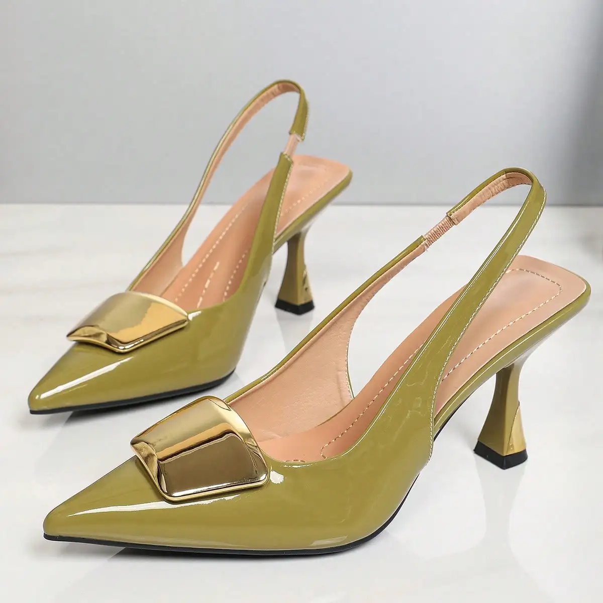 Elegant Women Closed Pointed-Toe Slingback Heels, Patent Leather Pumps with Stylish Square Buckle, Comfortable Versatile Formal Dress Shoes, Great for Office Business, Wedding Events, Dinner Party, Casual Wear and Summer Vacation view 5