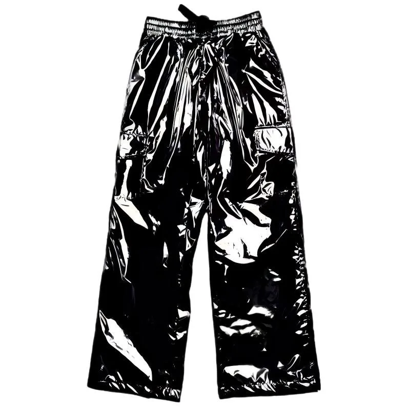 Glossy Black Men Wide Leg Street Dance Poppin Pants Elastic Waist Bright Silver Hip Hop Loose Trousers Meshed Lining
