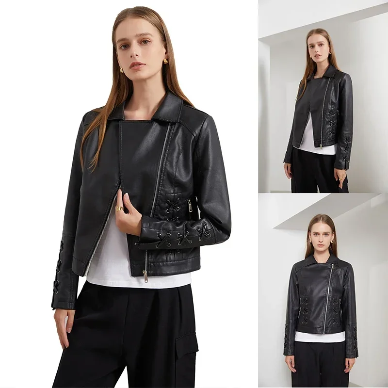 

Women's Fashion PU Leather Short Jacket Solid Color Casual Long Sleeve Zipper Coat Motorcycle Biker Jacket Streetwear