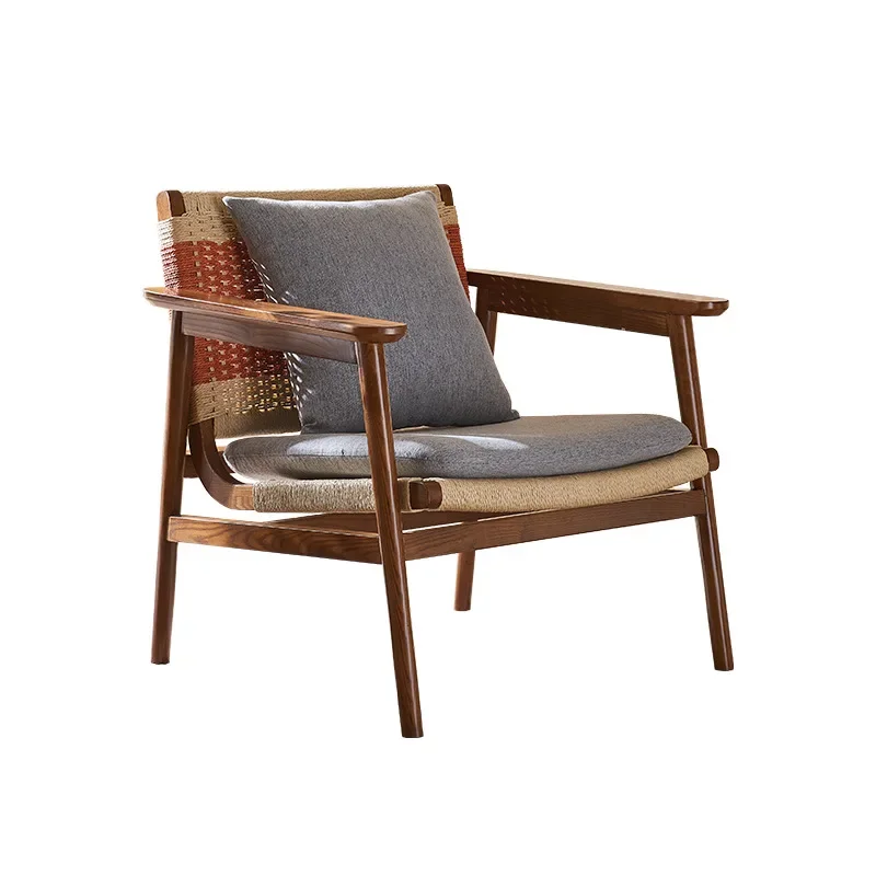 

wind solid wood sofa chair, retro hemp rope woven armrest leisure chair in the living room, side combination