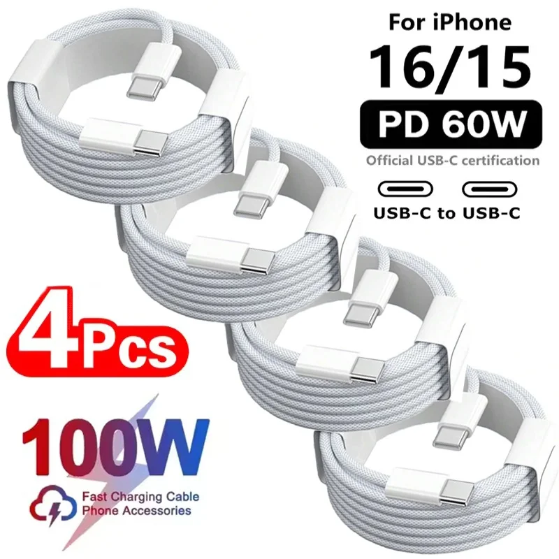 4 قطعة كابل USB C إلى USB C 100 واط شحن سريع كابل الشاحن يدعم الشحن السريع آيفون 16 15 سامسونج شاومي هواوي الخ #1