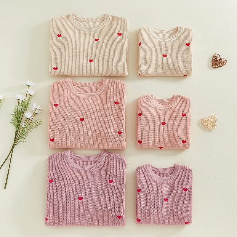 Lamuusaa Mommy and Me Matching Sweater Valentines Day Clothes Heart Pattern Long Sleeve Round Neck Knitted Tops Fashion Knitwear