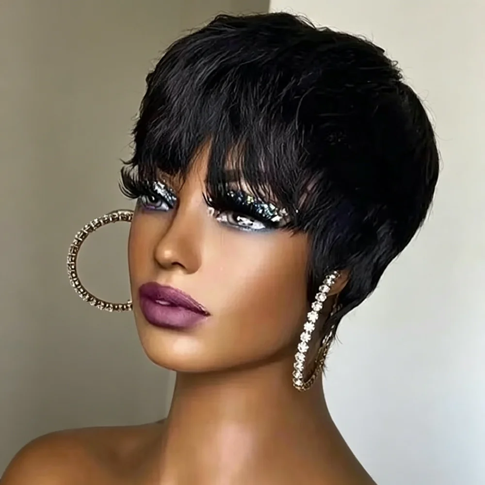 Perruque courte bob 100% cheveux humains, entièrement fabriquée à la machine, avec frange, cheveux raides dégradés, noir naturel, pour femmes, cheveux brésiliens Remy, prête à porter, coupe pixie.