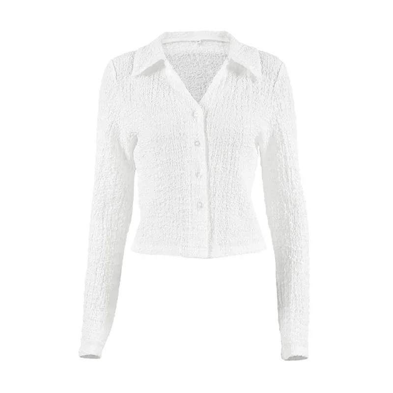 Womens Chic White Button Shirt With V Neck And Lapel Collar Slim Fit Cropped Blouse For Autumn French Streetwear Long Sleeve Top