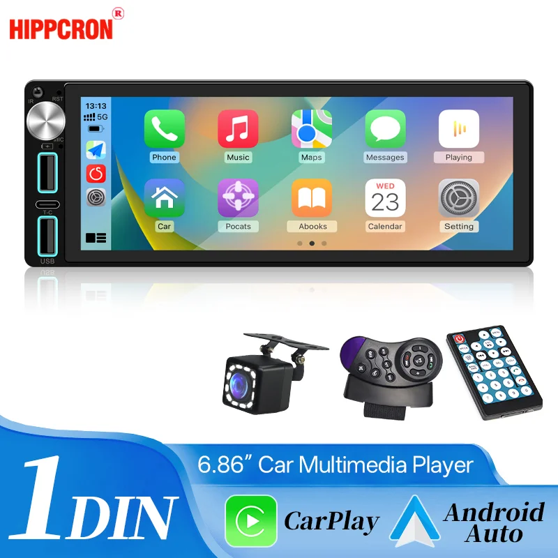 

Hippcron 6,86 "1din проводной Carplay Android Auto автомобильный радиоприемник мультимедийный видео MP5 плеер сенсорный экран BT USB универсальный авторадио