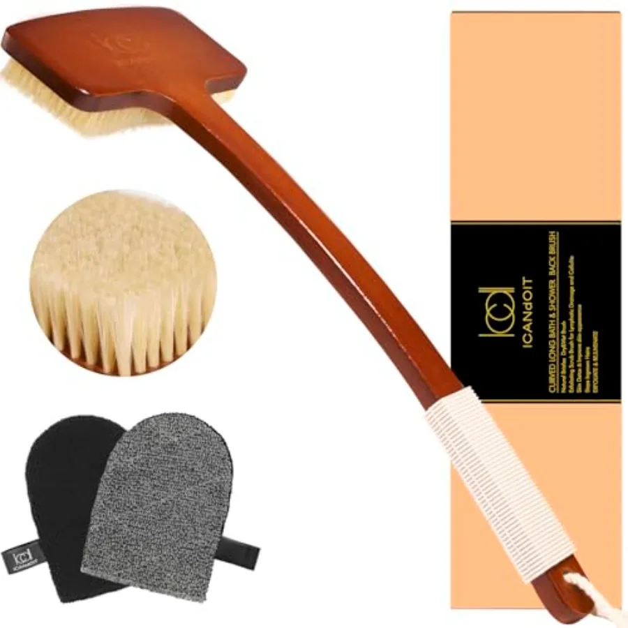 

ICANdOIT Exfoliation Set-17.71 Inch Boar Bristles Back Scrubber Bath BrushShower Brush with No-Slip Curved Handle Dual-Sided Fa