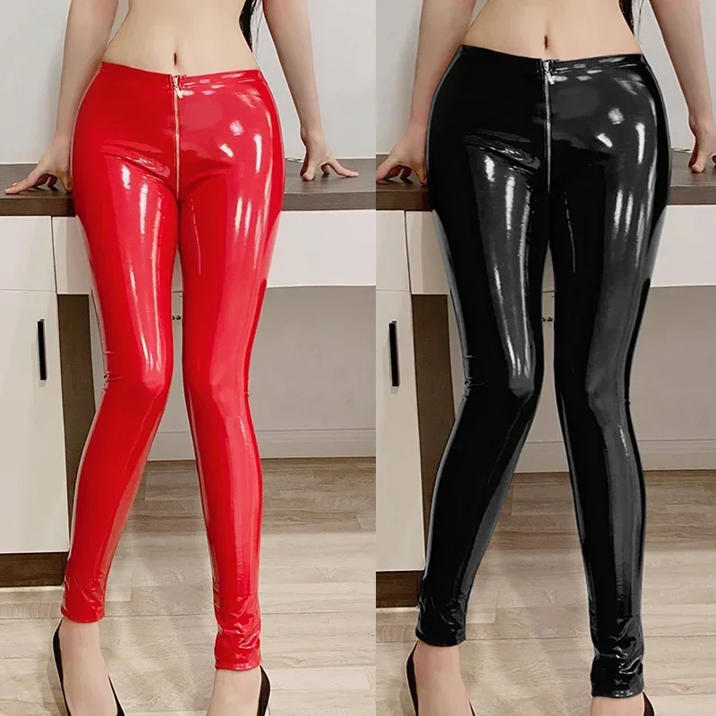 

Lingerie Women Pants Faux Leather Leggings Zipper Open Crotch Trousers PVC Latex Bondage Pants Exotic Costume Black 3XL
