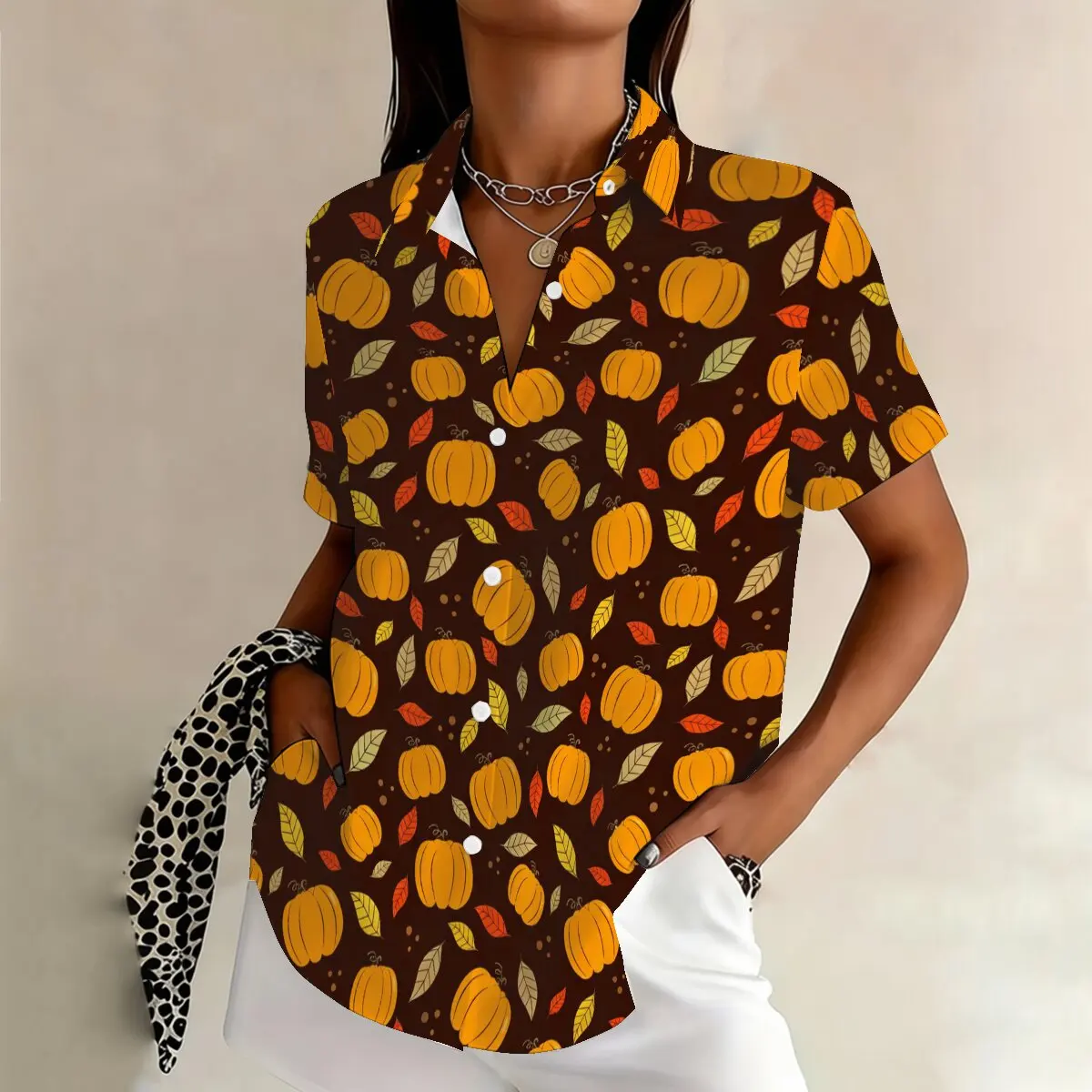 

Летняя женская рубашка больших размеров с коротким рукавом и принтом тыквы, для осенних прогулок, пикников, встреч, повседневная и удобная для поездок на работу.