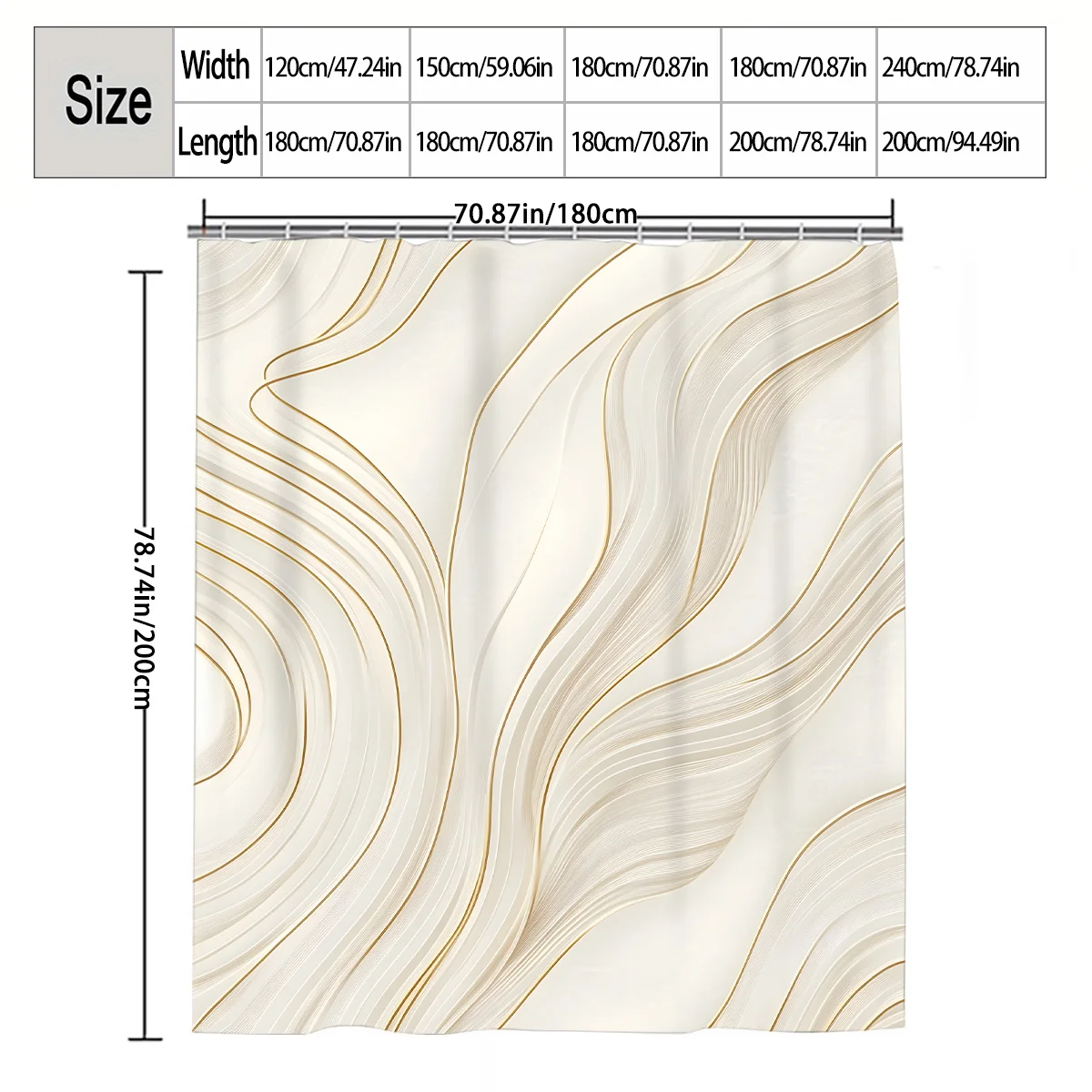 1pc Gold-Lined Wave Pattern Shower Curtain, Bathroom Decor, Multi-Size Options (120X180Cm, 150X180Cm, 180X180Cm, 180X200Cm, 240X