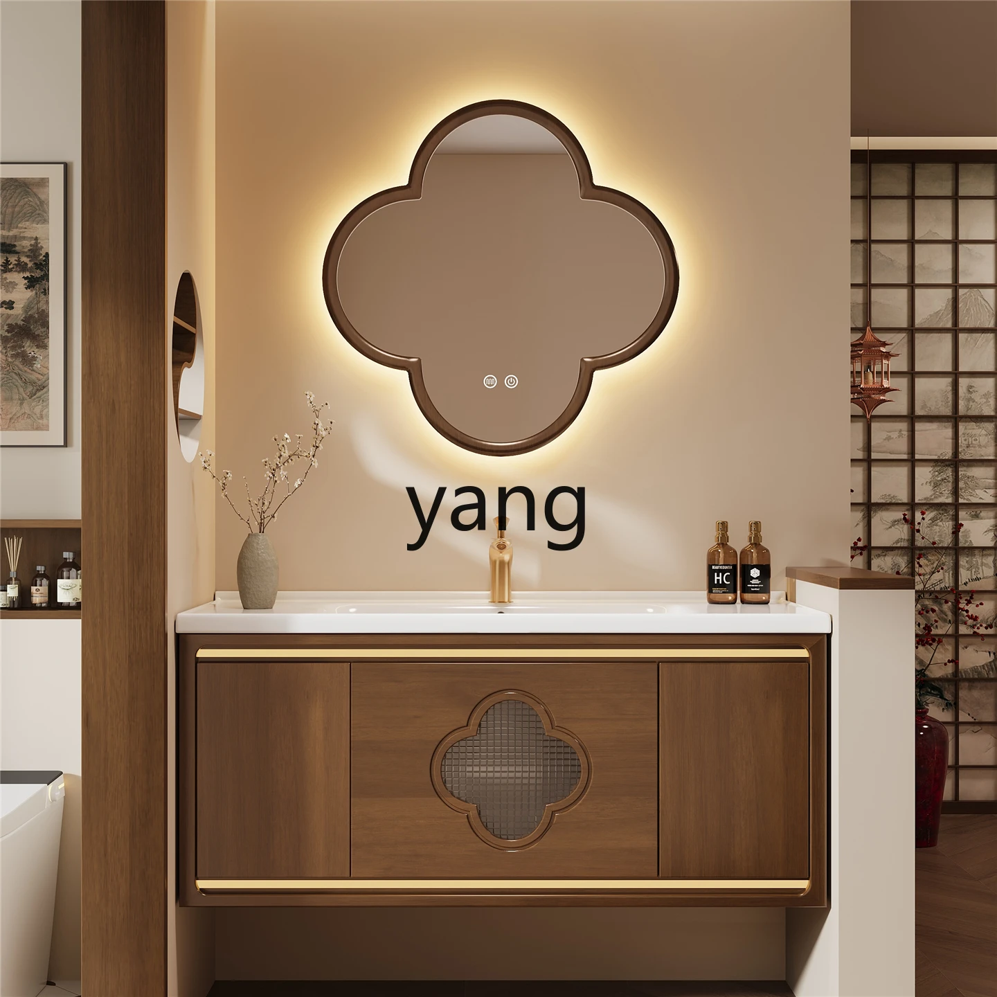 TGF خزانة حمام صينية جديدة حوض سيراميك متكامل حوض غسيل يدوي خزانة مرحاض من الخشب الصلب #3