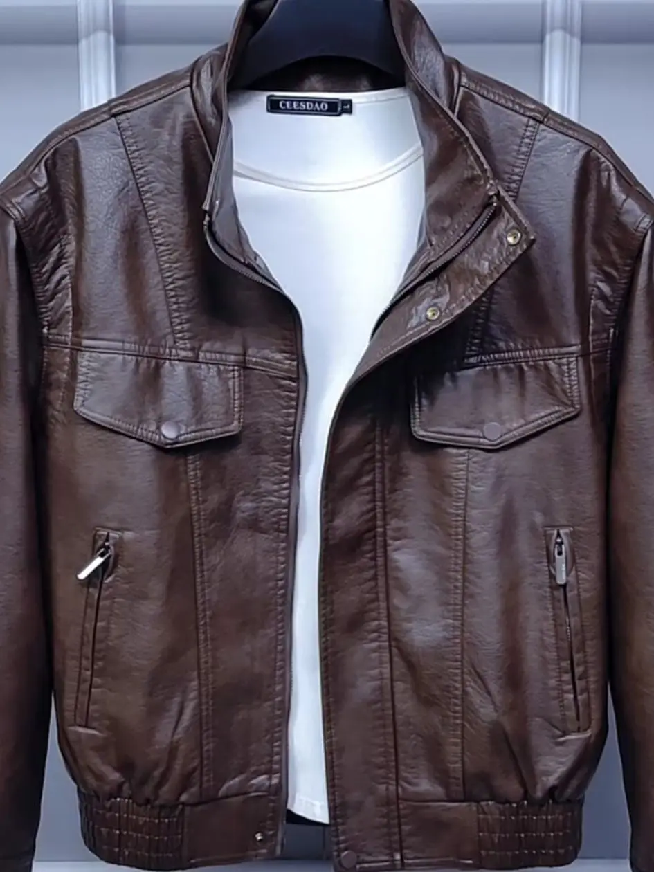 

High Quali Faionable Men's PU Leather Jaet Stand Collar Busin Trendy Spring Autumn New Arrival Youth Casual Sle