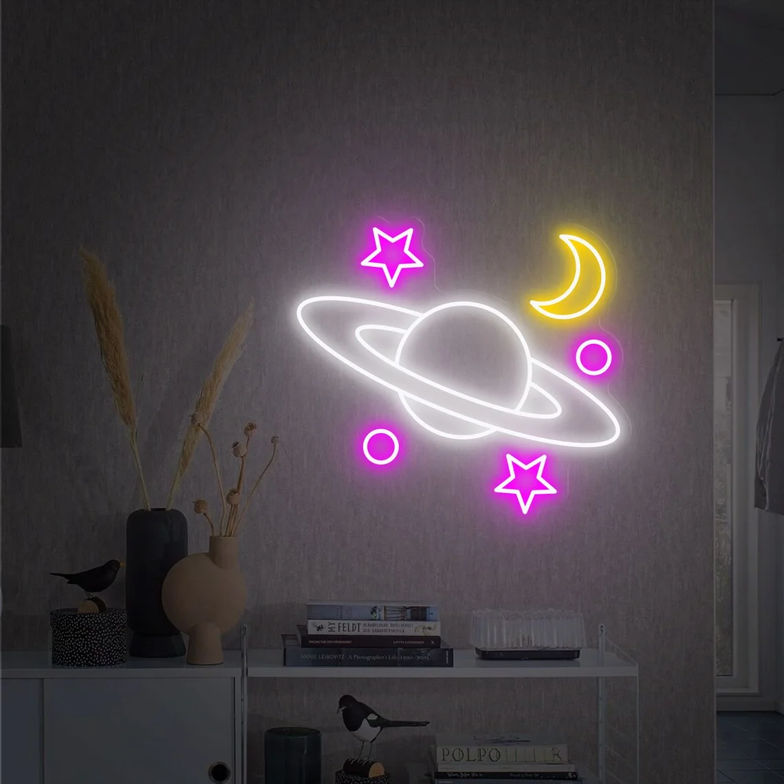 Space Galaxy Neon Sign Moon Star Custom LED Neon Wall Art Hanging Bar Club Man Cave Game Room Bedroom Sign Birthday Gift for Boy