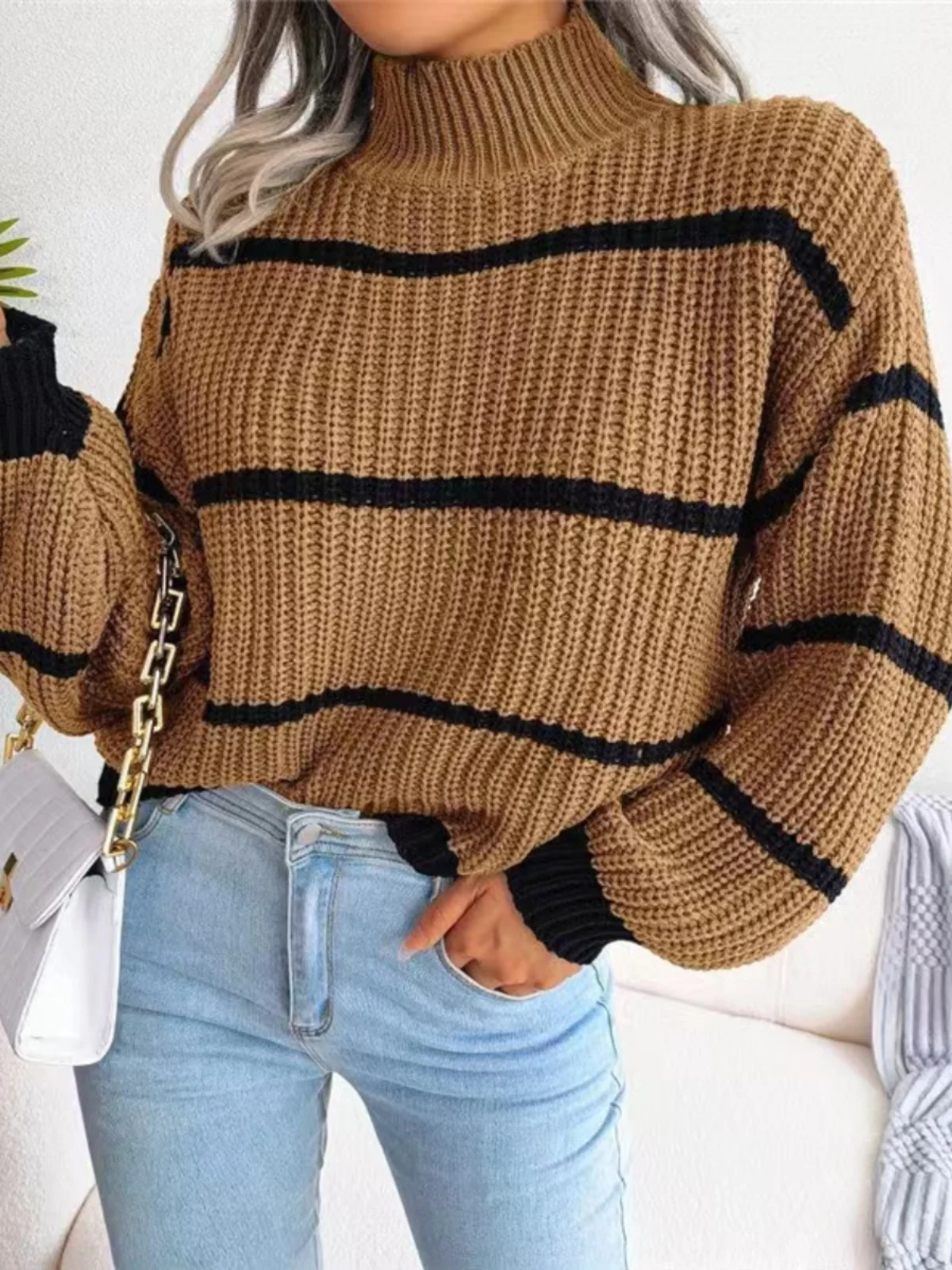 Maglione lavorato a maglia lungo a righe larghe a collo alto casual da donna Autunno Inverno Street Sle Maglieria comoda per tutti gli abbinamenti