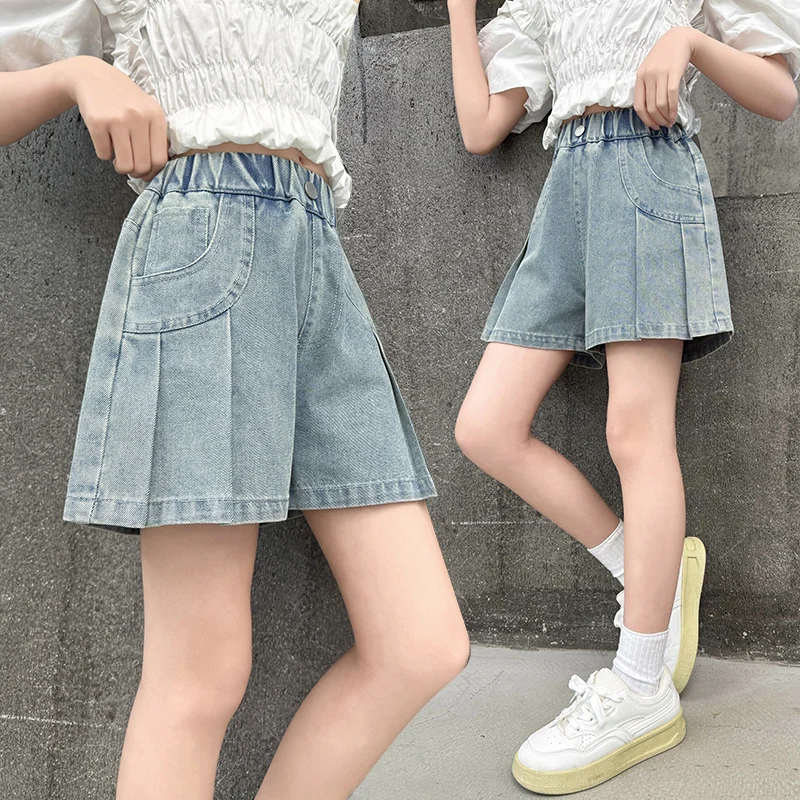 Children New Summer High Waisted Denim Shorts with Cuffs for Teenage Girls Fashion Street Style Bottoms Kids Pleated Shorts