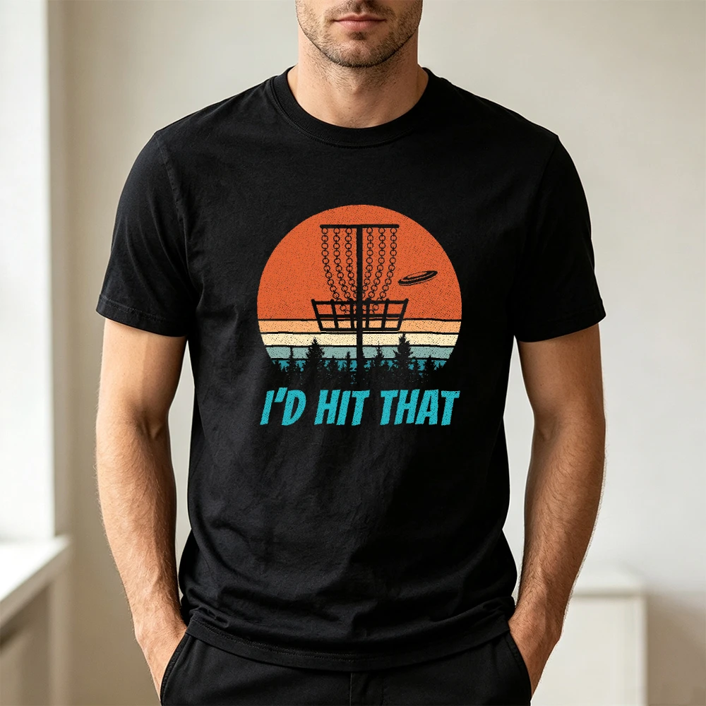 I'D HIT THAT Funny Disc Golf Print Men Shirt Retro Sunset Flying Disc Basket Outdoor Sport Hobby Graphic Casual Short Sleeve Top
