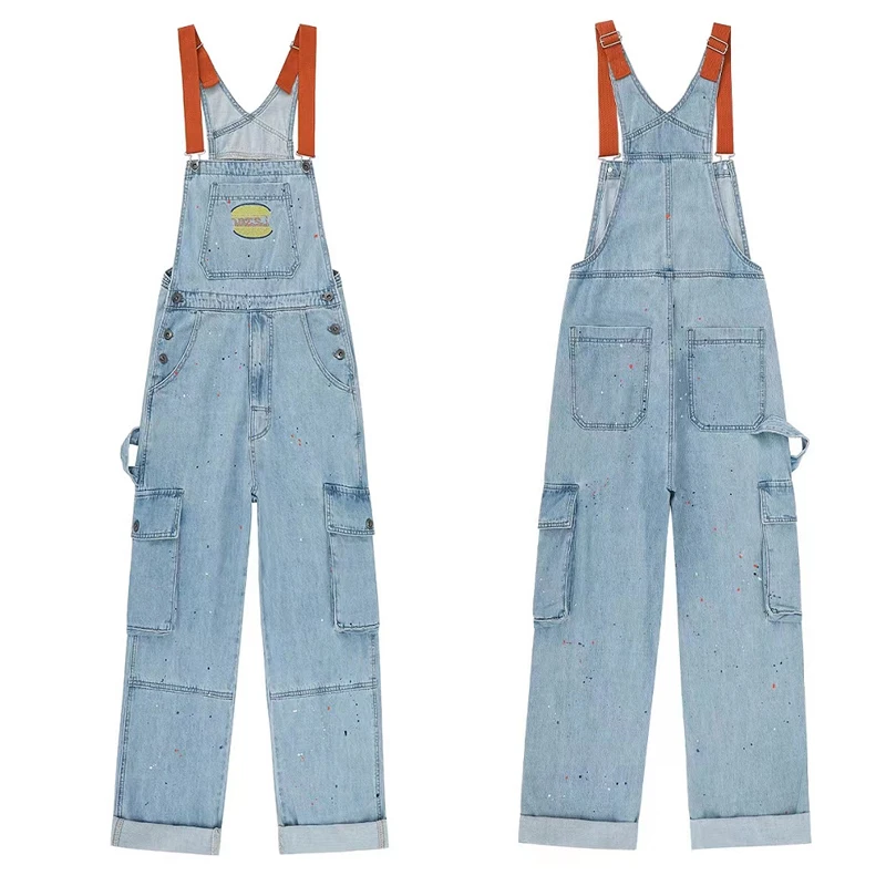 

Летняя женская свободная рабочая одежда, комбинезоны, широкие брюки, джинсы с высокой талией, брюки-комбинезон, длинная длина в пол, краска, вышивка