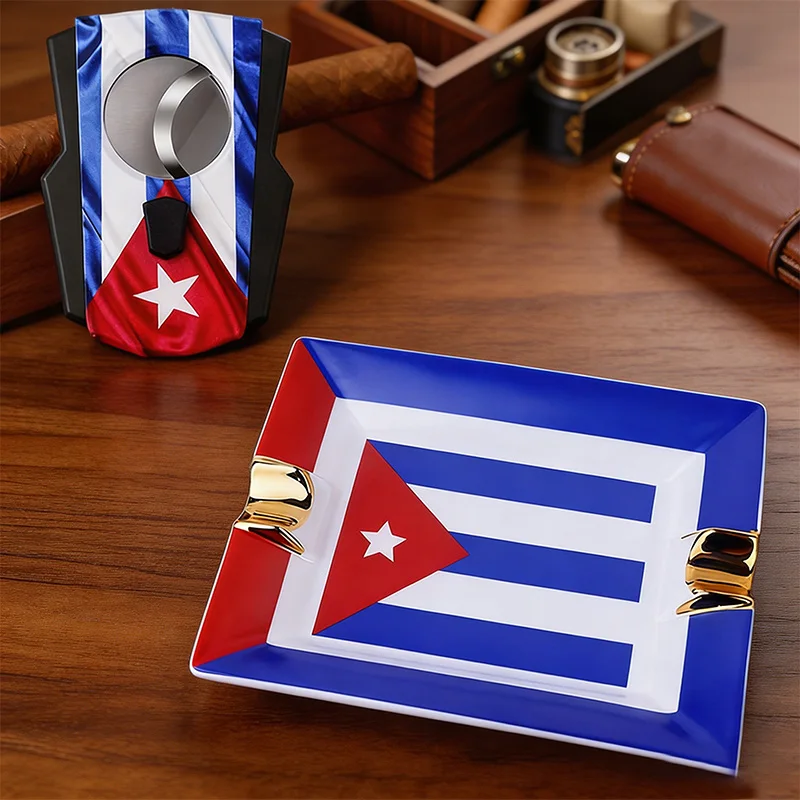 Cigar Set with Cuban Flag, Stainless Steel Cigar Cutter, Gold-Plated Cigar Ashtray, Cigar Accessories, Premium Gift