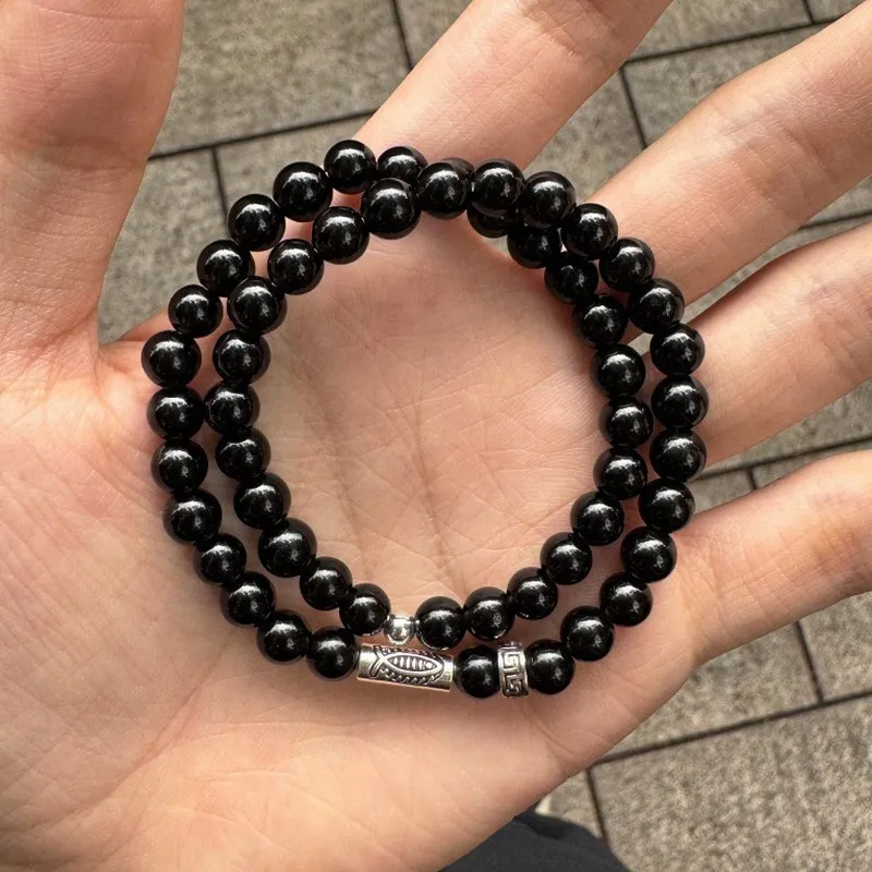Natural Black Obsidian Double Layer Beaded Bracelet For Men Women Good Luck Fish Design Couple Jewelry Elegant Gift