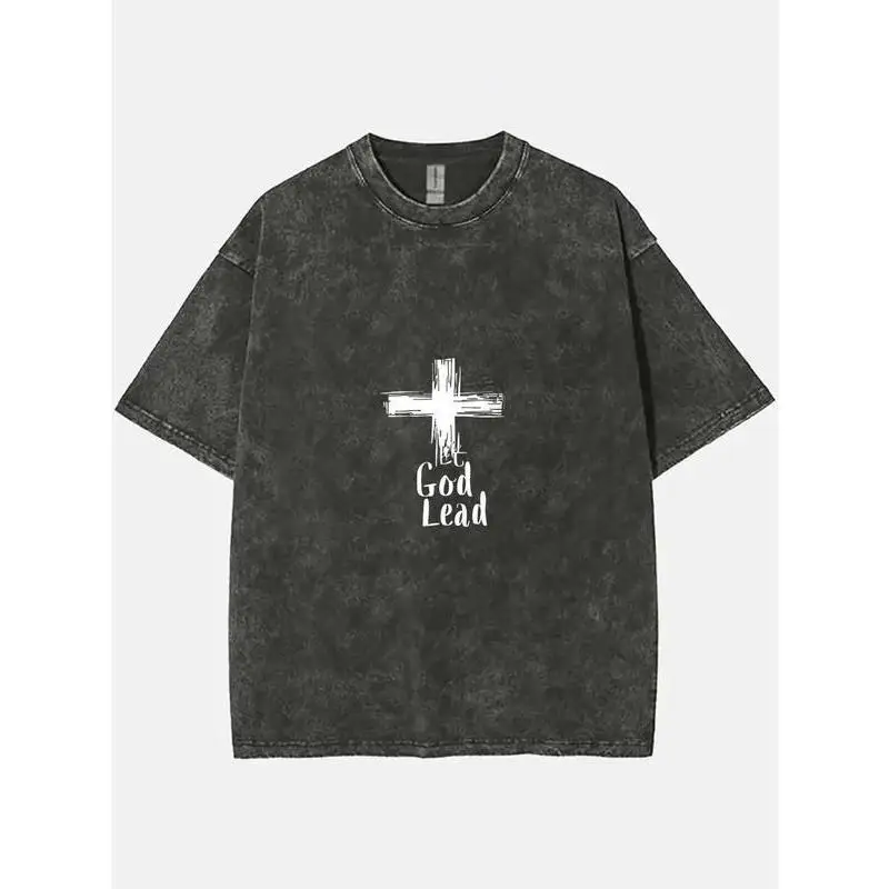 

God Lead Cross T-Shirt,Christian Faith Graphic Tee,Vintage Washed Religion Streetwear,Oversized Grunge Style Top for Men & Women