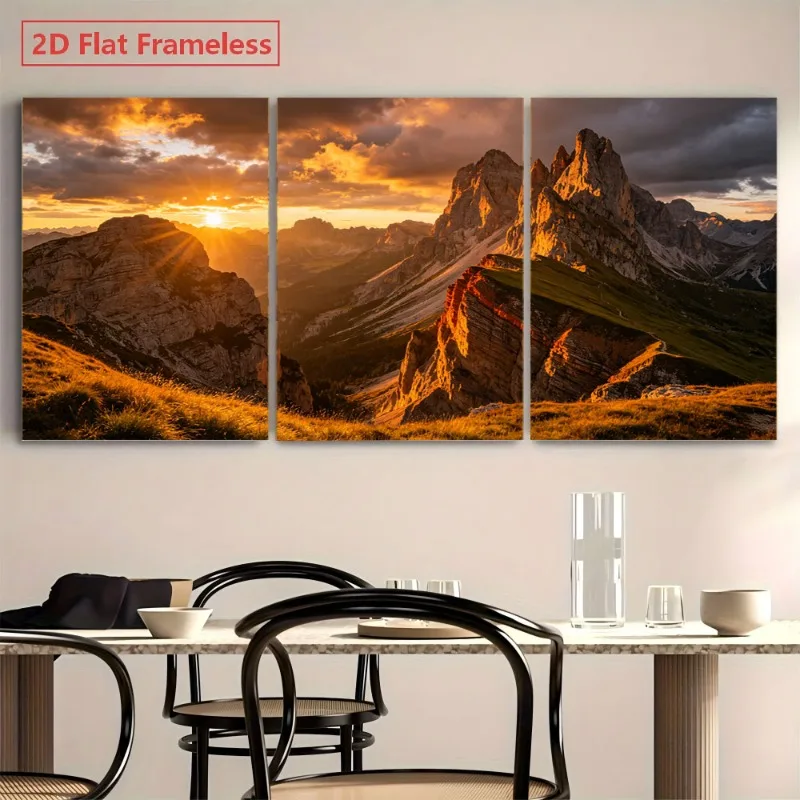 2D Flat, 3pcs Modern Minimalist Mountain Sunset Triptych Wall Art - Horizontal Canvas Panel Suitable for Living Room, Dining