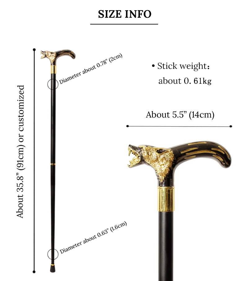 Black Gold Alloy Wolf Head Walking Cane with Curved Handle Detachable Cosplay Party Prop Decorative Walking Stick for Men And Wo