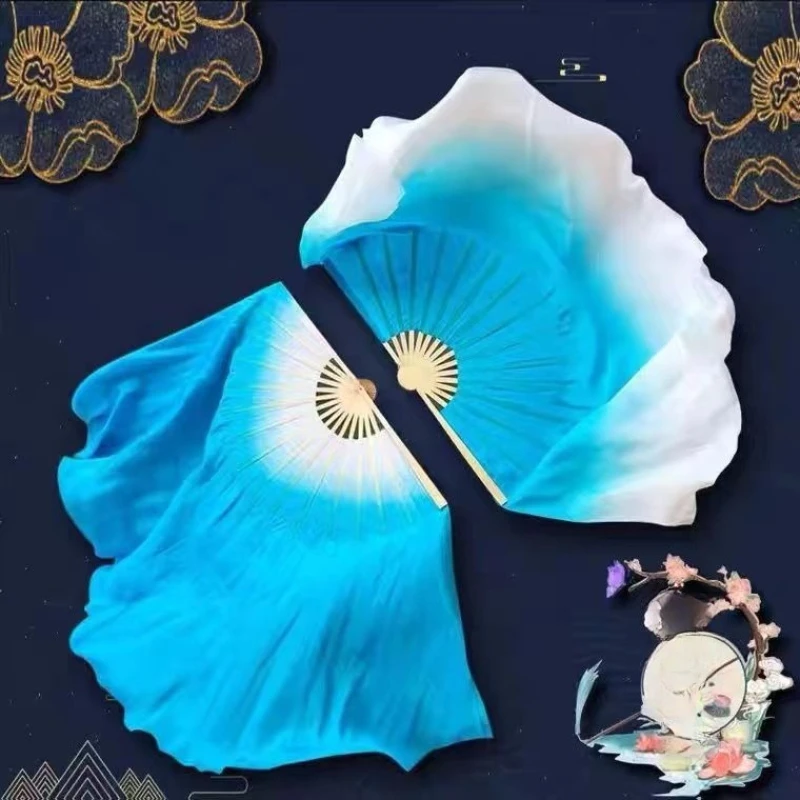 100% Real Silk Dance Fan Lake Blue Gradient Double Sided Bamboo Rib Chinese Classical Folk Dance Stage Performance Dancing Prop