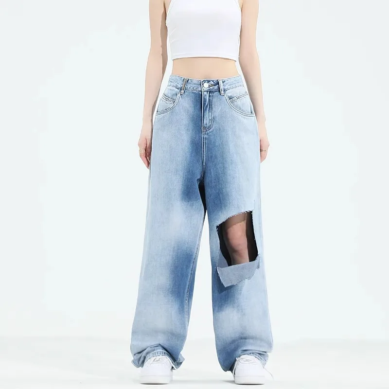 Ripped Jean Female 2024 Summer Fashion Versatile Short Tall Waist Straight Tube Loose Gradual Change Wide Leg 2000s Denim Female