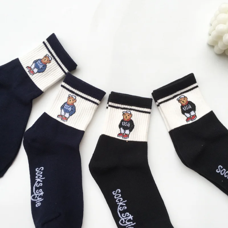 Socks Female Spring And Autumn Mid-tube Embroidery Bear Hose Cute Casual Solid Color Sport Pile Kawaii Socks Harajuku Calcetines