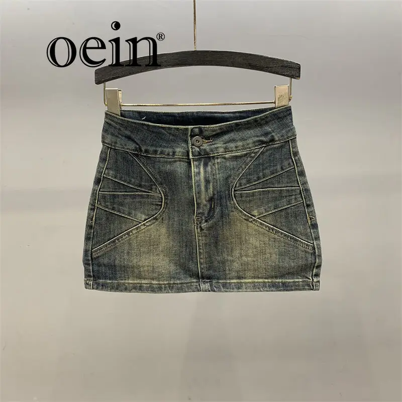 

[oein] American Mid Rise Spicy Girl Denim Mini Skirt For Women In Spring, , Autumn, New Style Slim Fit And Slimming A-line Hip