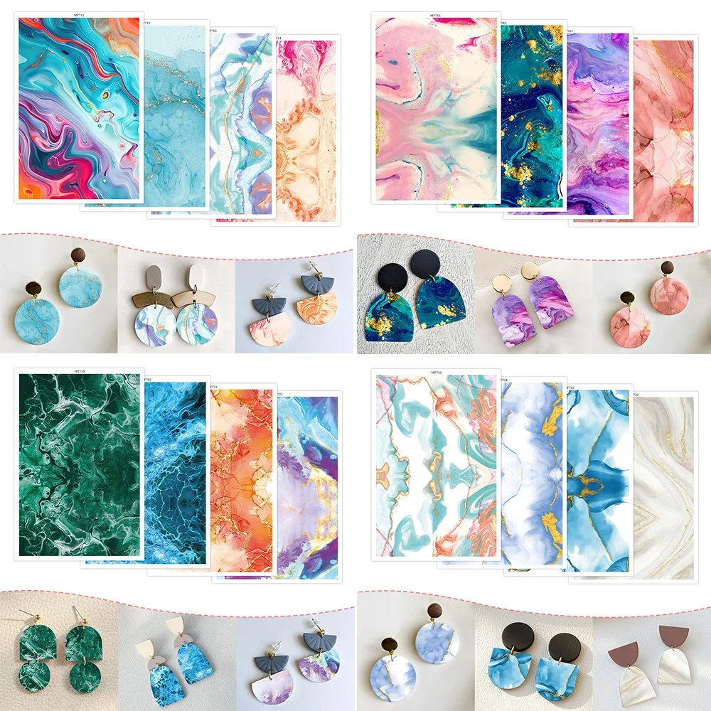 Patrón de textura de mármol, arcilla polimérica, papel de transferencia de acuarela, pendientes de cerámica, joyería, herramientas adhesivas desechables Soluble
