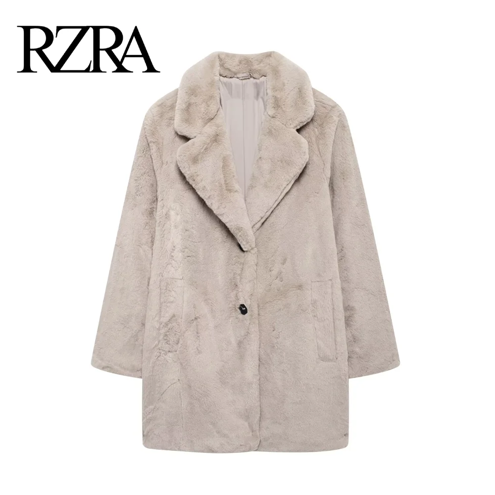 RZRA2024 winter new women\'s single-side pocket lapel long-sleeved artificial fur effect coat jacket comfortable and warm