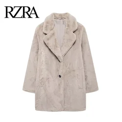 RZRA2024 winter new women's single-side pocket lapel long-sleeved artificial fur effect coat jacket comfortable and warm