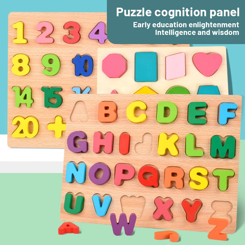 Children Wooden Puzzle Montessori Toys Baby 1 to 2 3 Years Old Kids Alphabet Number Shape Matching Early Educational Board Games