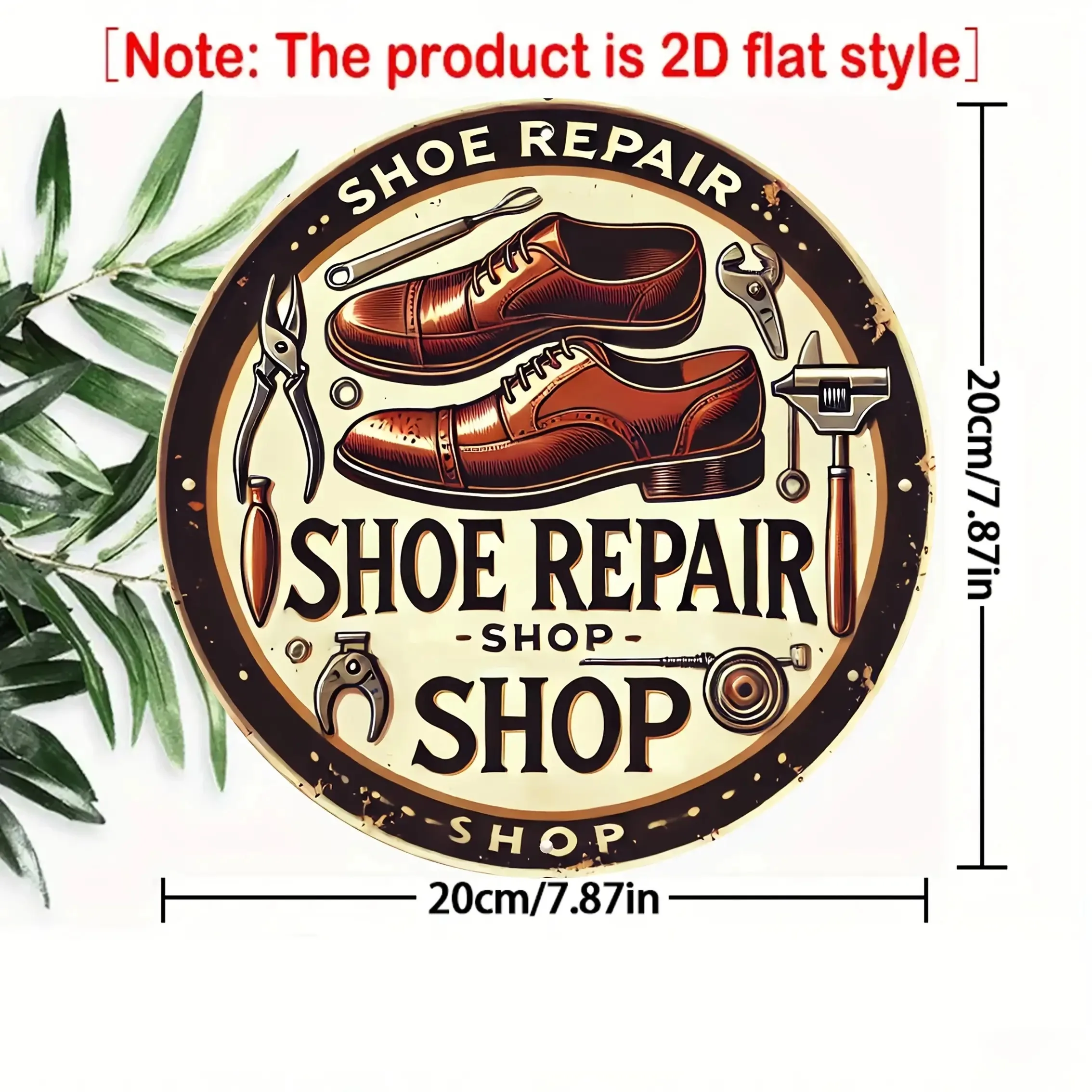 2D Flat, Vintage Shoe Repair Shop Wall Art Sign - 19.99 cm Round Recycled Wood Rustic Shoe Repair Theme Decor with Pre-Drilled H