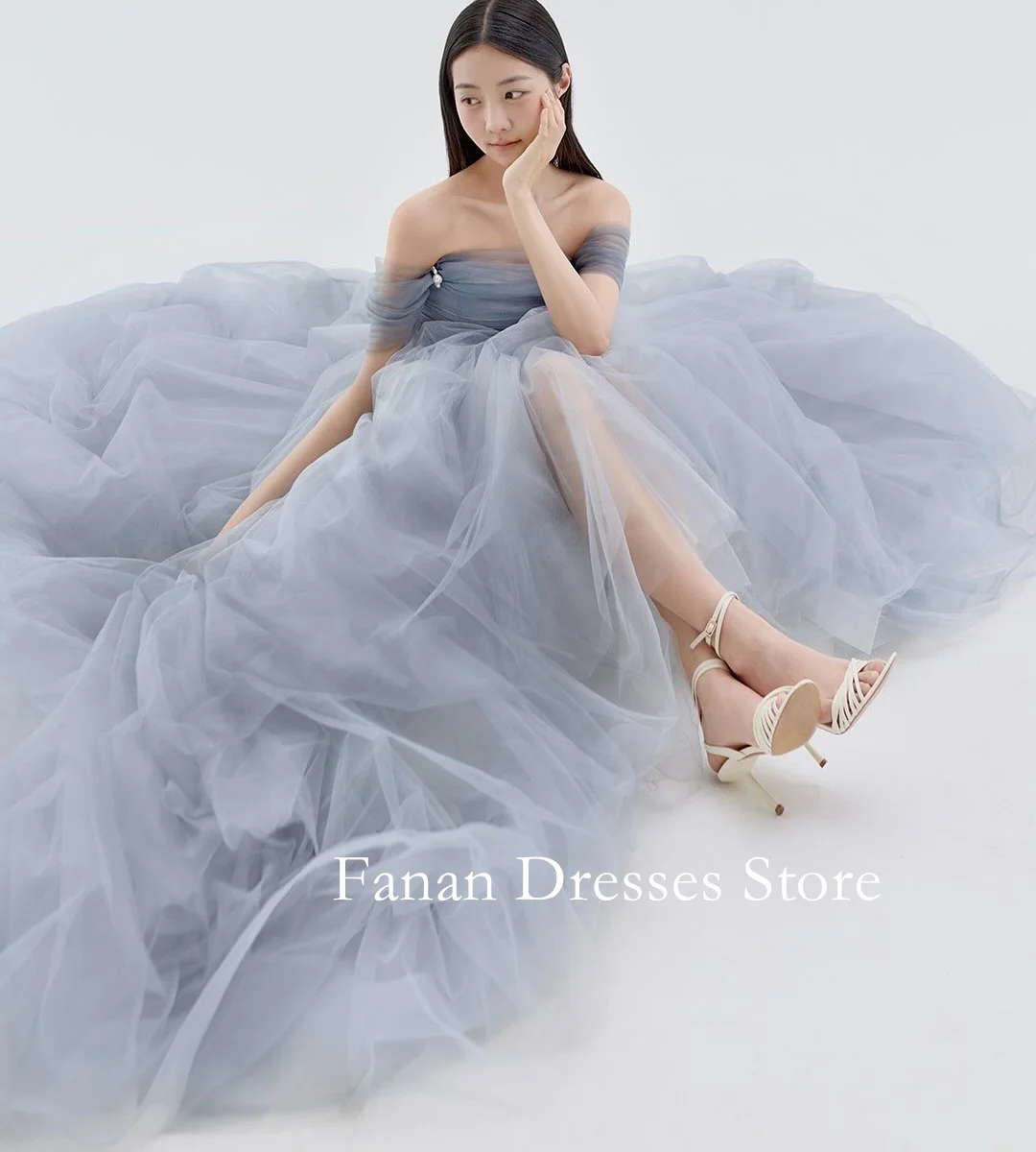

FANAN Tulle A-Line Evening Party Dresses Korea Off the Shoulder Blue Backless Wedding Women Gowns Event Prom Gowns Customized