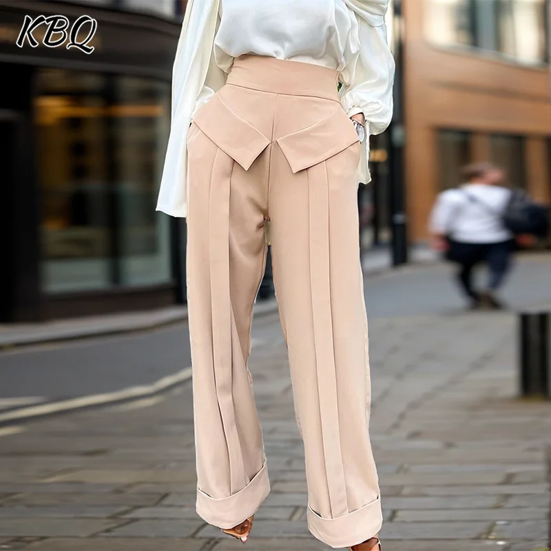 

KBQ Solid Minimalist Casual Folds Trousers For Women High Waist Patchwork Pockets Loose Wide Leg Pants Female Fashion Style New